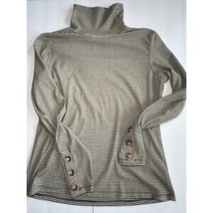 Tahari Womens Small Striped Turtleneck Top Button Sleeve Stretch Knit